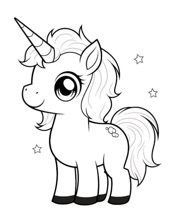 Cute baby unicorn with stars around and a tiny gem mark drawn bold and easy