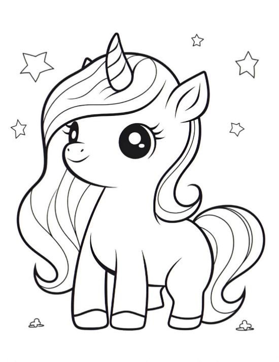 Sweet baby unicorn with stars overhead and tiny pebbles below on a unicorn coloring page