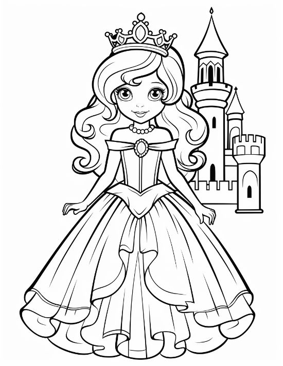 Smiling princess with curly hair and a tiara standing beside a castle on a princess coloring page