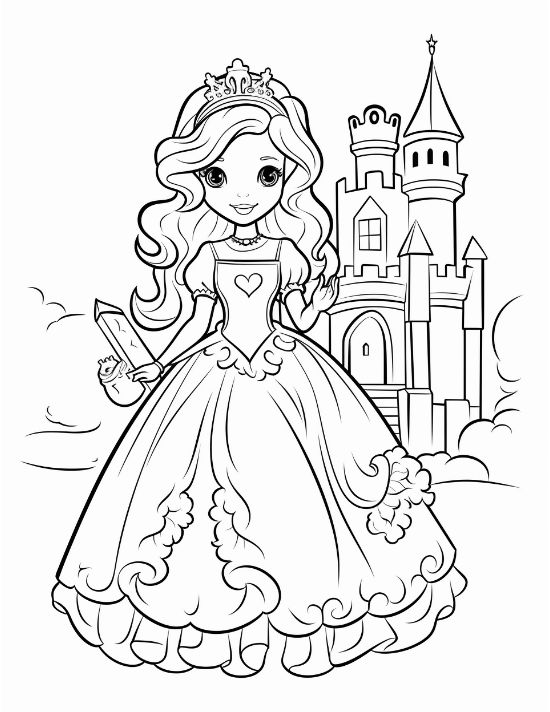 Princess in a heart bodice holding a scroll with a castle in the background on a coloring sheet