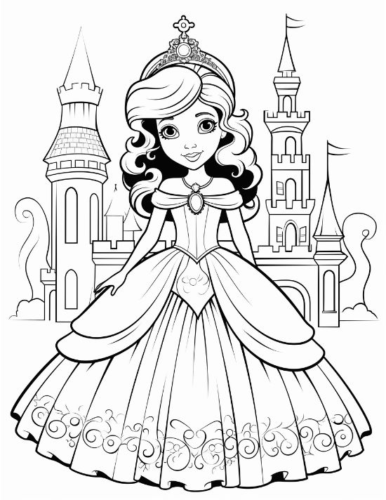Princess with a cross topped crown smiling before a castle gate on a princess coloring page