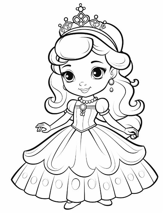Young princess with a layered patterned skirt and tall crown smiling drawn bold and easy
