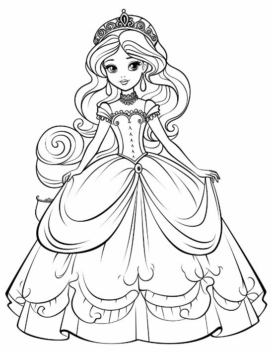 Tall princess with long curly hair and a layered bouffant ballgown on a princess coloring page