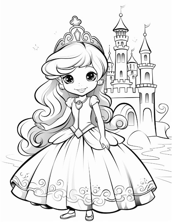 Young princess in a swirl decorated skirt standing before a castle on a coloring page