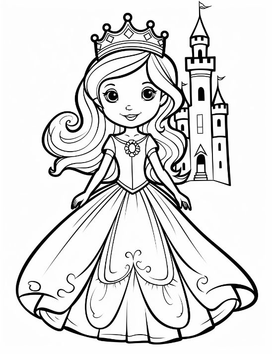 Smiling princess with a tall crown and simple gown standing before a castle on a coloring sheet