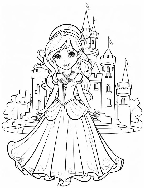 Princess in a layered skirt standing in front of a wide multi tower castle on a coloring page