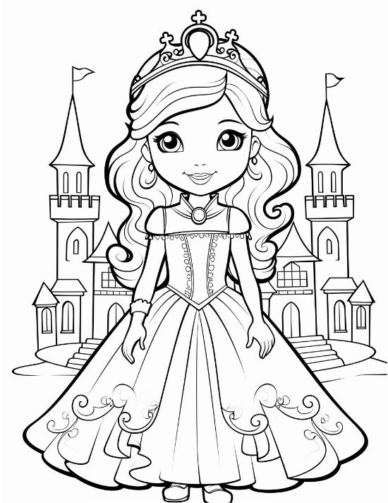 Princess with a cross topped crown and swirling skirt smiling drawn bold and easy