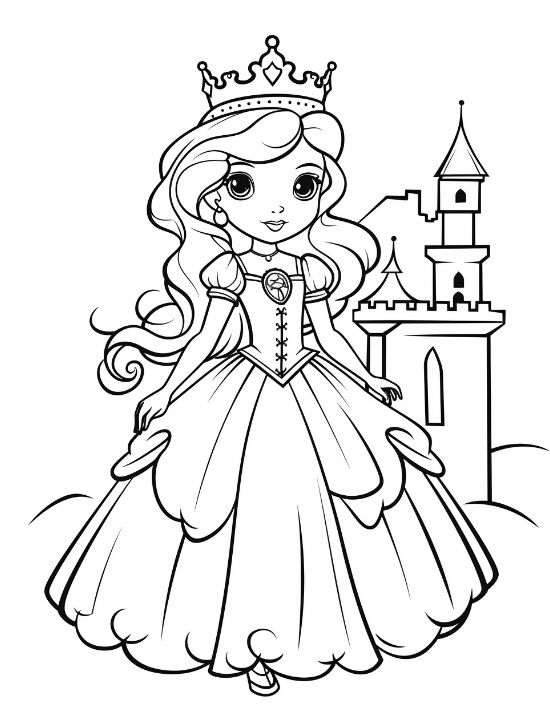 Princess with a cinched waist gown standing tall before a single tower castle on a coloring page
