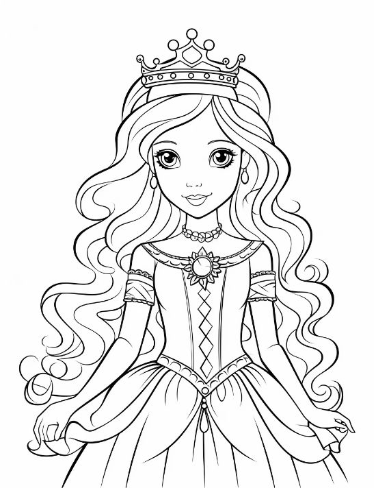 Long haired princess wearing a tall crown and gem pendant smiling sweetly on a coloring page