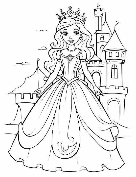 Long haired princess wearing a tall crown and gown standing before castle towers on a coloring sheet