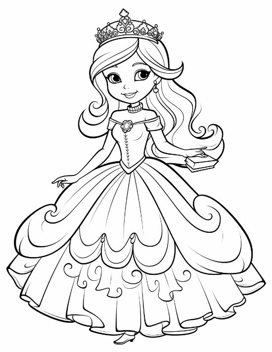 Princess in a layered ballgown holding a small book with a tall crown above on a coloring sheet
