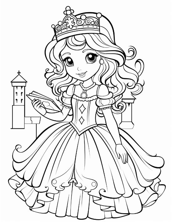 Princess with curly hair holding an open book before a tall tower drawn bold and easy