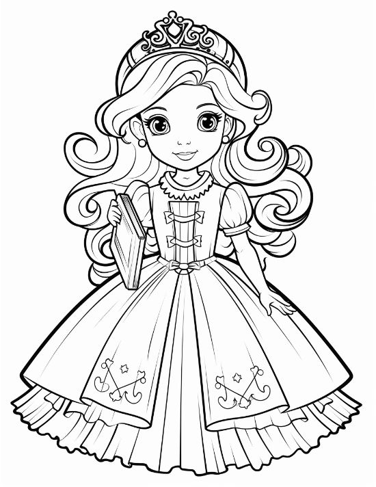Young princess in a ruffled skirt holding a journal at her side on a princess coloring page