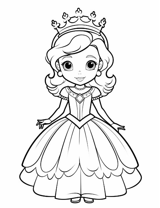 Cute young princess with a crown and a short layered ballgown smiling on a coloring page