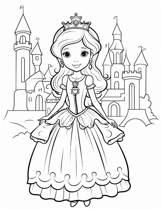 Princess in a ruffled gown standing before a wide sprawling castle on a princess coloring page