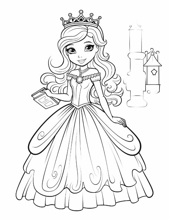 Princess holding a small book with a lantern post and tower in the background on a coloring sheet