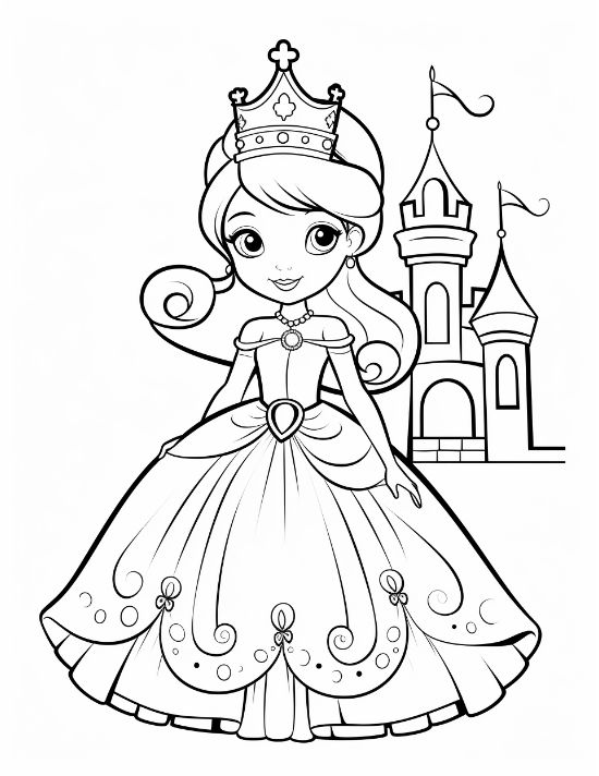 Princess with a heart shaped bodice and full skirt smiling drawn bold and easy