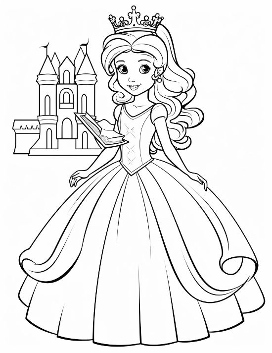Princess with curly hair holding a closed book before a tower on a princess coloring page