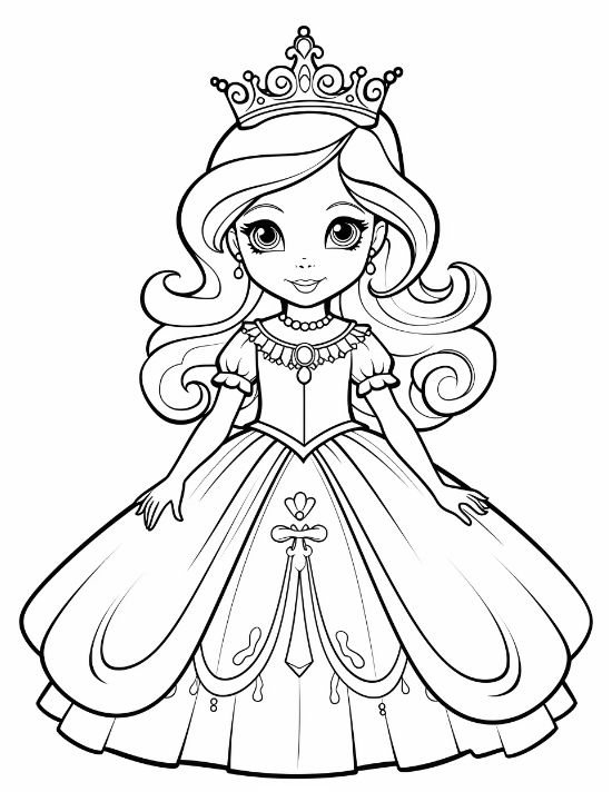 Princess with a long puffy gown decorated with florals standing tall on a princess coloring page