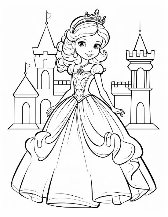 Princess with a bow at the neckline standing between twin towers on a princess coloring sheet