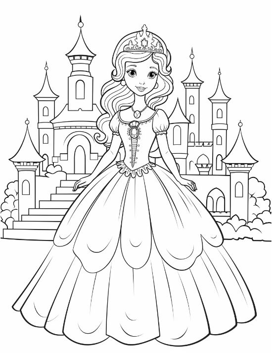 Smiling princess in a wide ballgown on a stairway before a tall grand castle on a coloring page