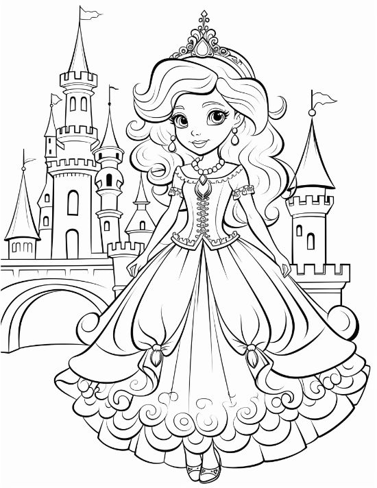 Princess with long wavy hair beside a bridge and grand castle drawn bold and easy