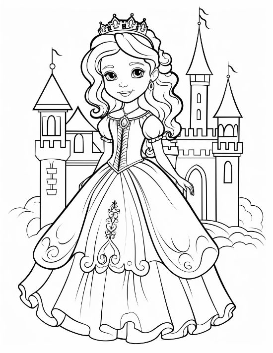 Princess gathering her floral skirt before a single tower castle on a princess coloring page
