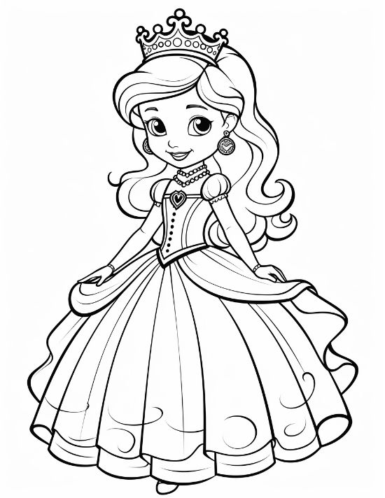 Cute young princess wearing a tall crown and a heart pendant smiling on a coloring page