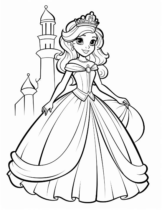 Princess in a flowing gown standing before an onion dome castle tower on a coloring page