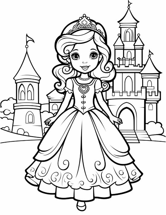 Princess with a heart bodice and full skirt standing before a wide castle on a coloring sheet