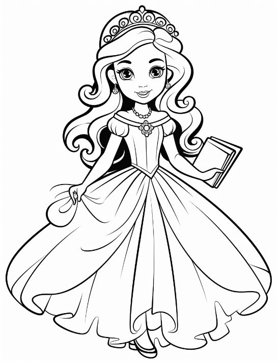 Princess in a flowing gown holding a small book at her side drawn bold and easy
