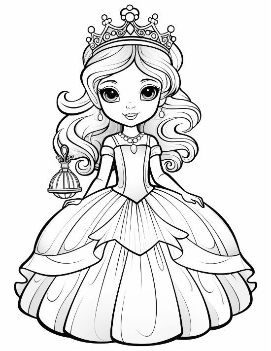 Princess in a full ballgown holding a tiny lantern beside her on a princess coloring page