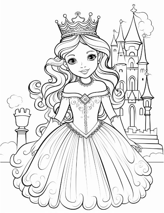 Princess with a gem pendant standing on clouds before a tall castle on a coloring page
