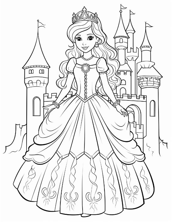 Princess with a corset waist and ruffled gown standing before a wide castle on a coloring sheet