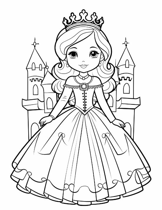 Princess with a buttoned bodice and bow trimmed skirt smiling drawn bold and easy