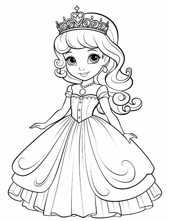 Sweet young princess with a heart shaped tiara and curly hair drawn bold and easy