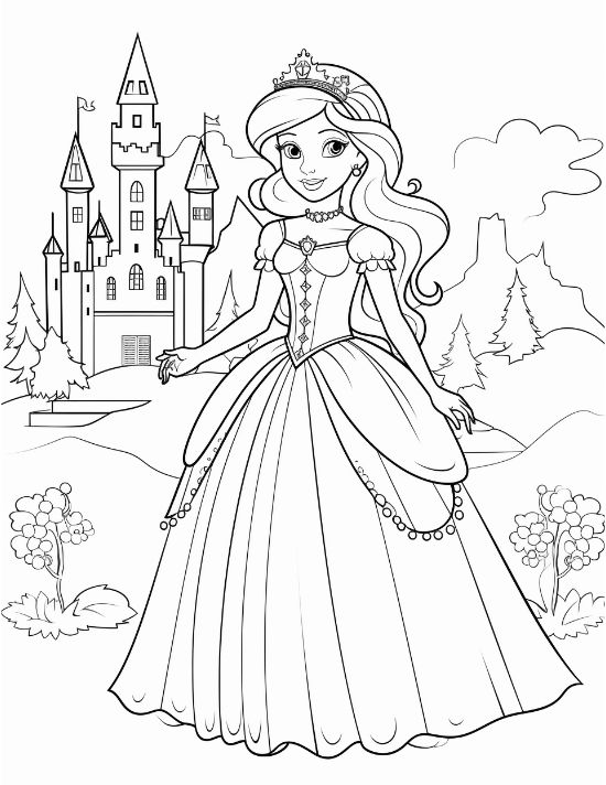 Princess in a flowing gown standing on a woodland path beside a castle on a princess coloring page