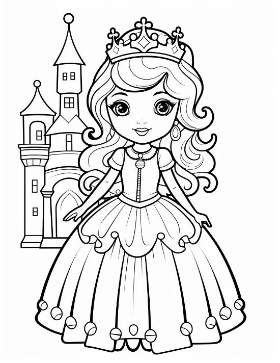 Young princess with curly hair and a dotted hemline before a castle on a princess coloring page