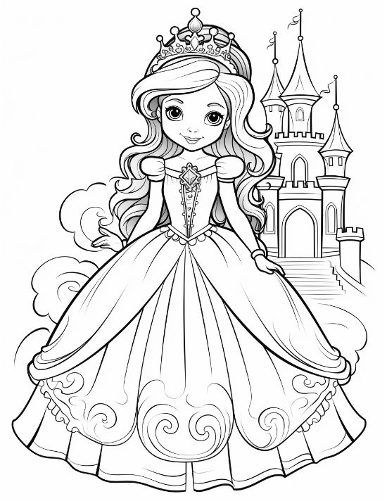Princess with long hair and a swirl trimmed gown amid cloud swirls drawn bold and easy