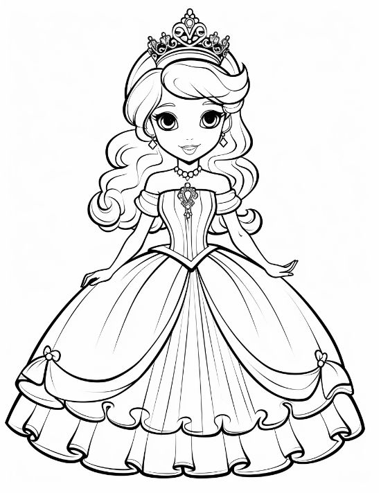 Princess in a layered ruffled skirt with bow accents smiling sweetly on a coloring sheet