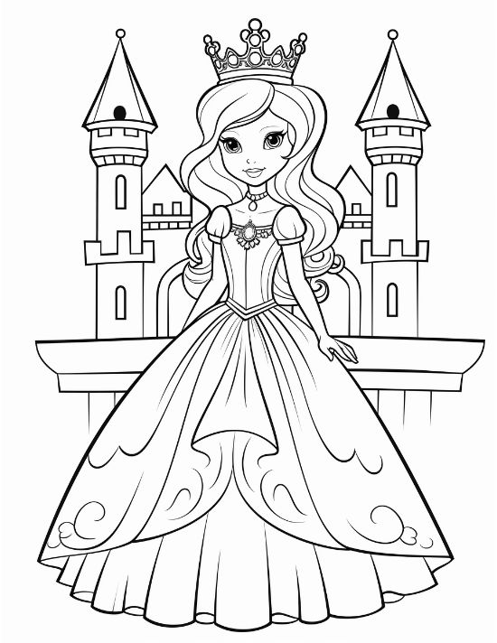 Princess with curly hair between twin castle towers smiling sweetly drawn bold and easy