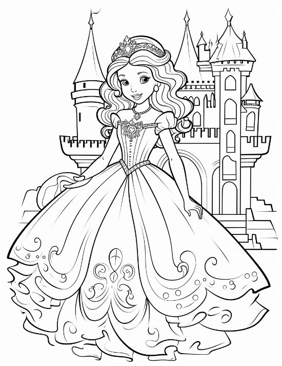 Princess in a swirl decorated gown beside a grand castle stairway on a princess coloring page