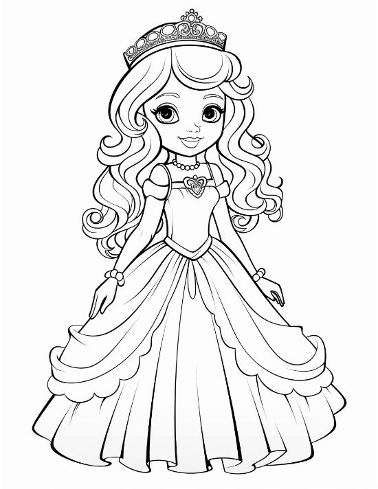 Cute young princess with long curly hair and a heart pendant smiling on a princess coloring sheet