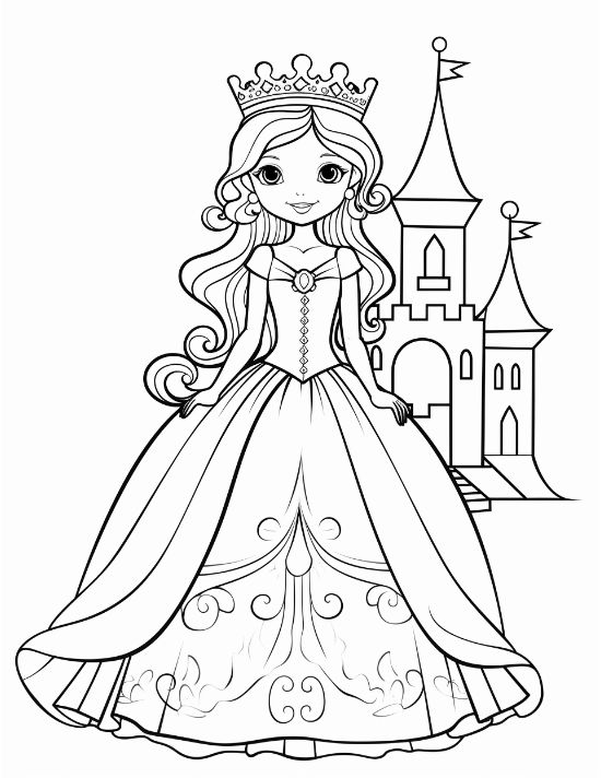 Princess with a column shaped skirt standing between twin towers drawn bold and easy