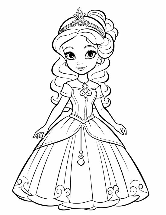 Princess with sleek hair and an elegant jewel pendant standing tall on a princess coloring page