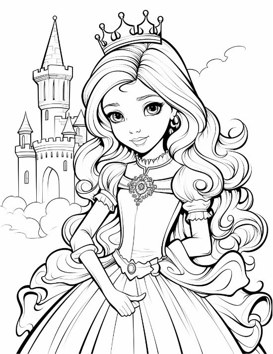 Princess with flowing curls and a gem pendant standing before a cloud castle on a coloring page