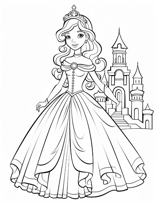 Smiling princess with a buttoned bodice and flowing skirt beside a castle on a princess coloring sheet