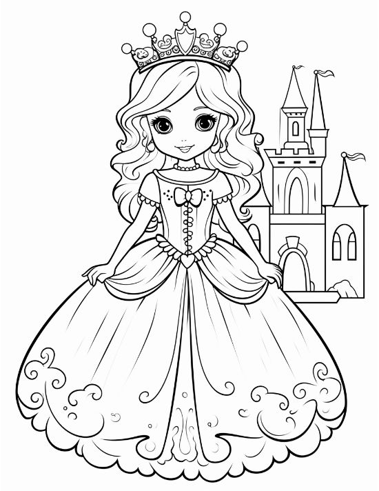 Cute young princess with pearled tiara and lacy skirt smiling beside a castle on a coloring page