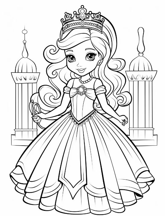 Princess with curly hair standing between two ornate pillars drawn bold and easy