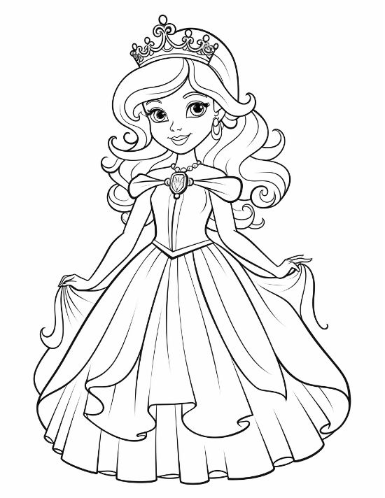 Young princess with a small crown lifting the sides of her flowing skirt on a princess coloring page